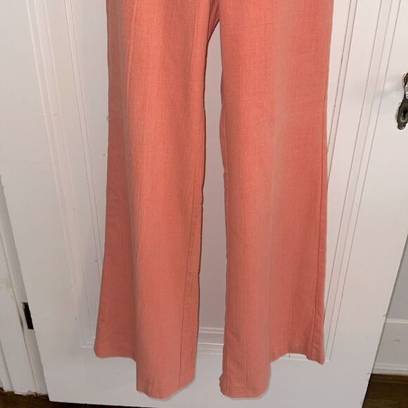 Vintage 70s Coral Crinkle Cloth High Waisted Wide-Leg Pants - Picture 3 of 6